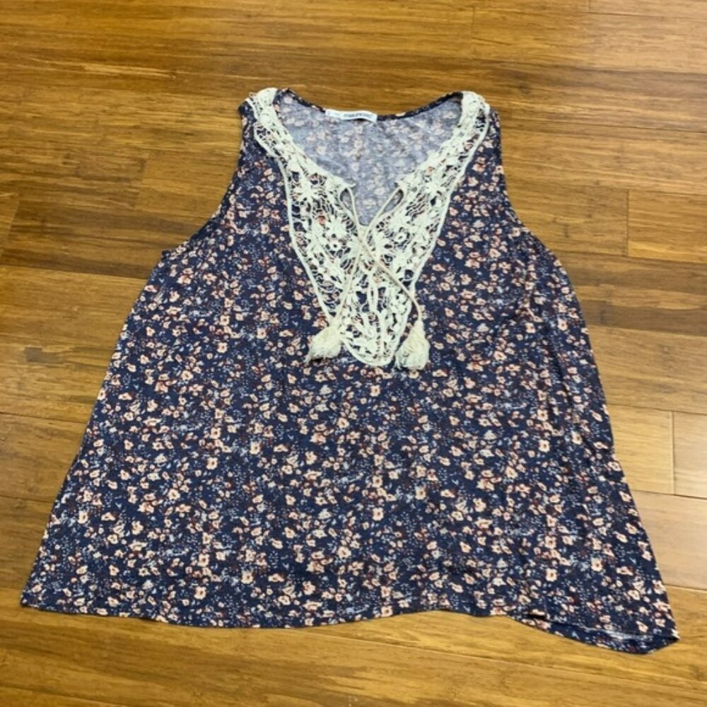 maurices Womens Blue Floral Lace‎ Up Tank Top Size 2x Lightweight Tassels Summer